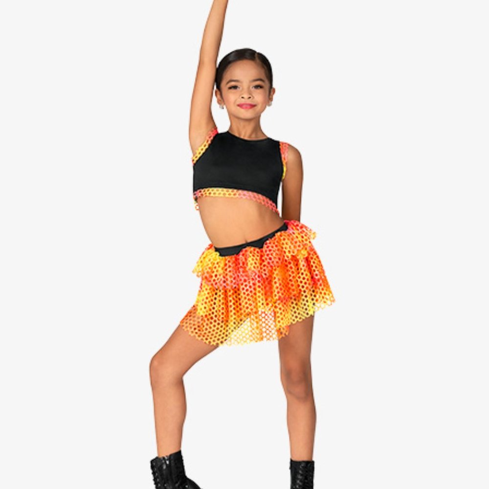 Dance Costume Crop Top Skirt Set New SC Small Jazz Tap Hip Hop Mesh Orange Coral